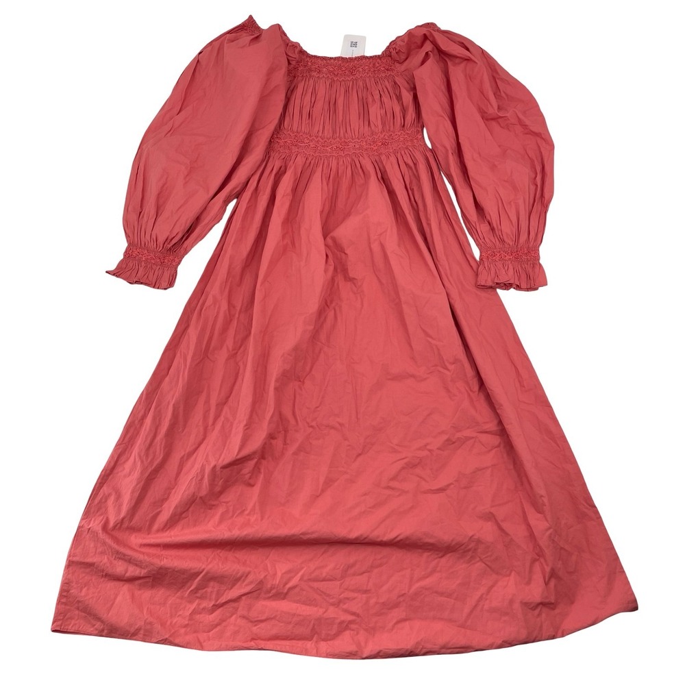 DOEN Women Dress Midi Smocked Puff Sleeve Pink Organic Cotton Medium - Picture 2 of 8